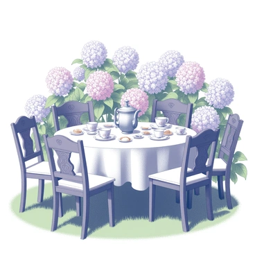 A charming tea party set up in a garden with hydrangeas as the main floral decoration.