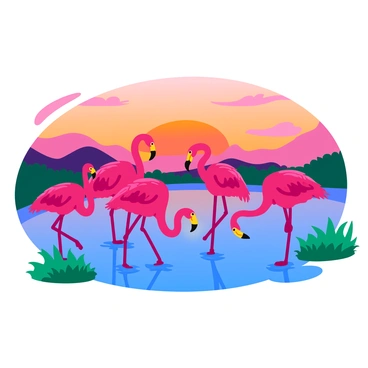 A flock of "flamingos" standing gracefully in a shallow "lake." The lake reflects the warm colors of the "sunset," with shades of orange, pink, and purple in the sky. Each flamingo has bright pink feathers, long legs, and a curved neck, creating an elegant pose. The water's surface is slightly rippled, and there are patches of green grass and reeds along the edges of the lake. The scene captures the tranquil moment as the flamingos interact with each other, with some preening their feathers.