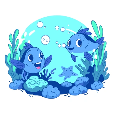 A duotone illustration featuring a blue family of cartoon fish with various animated expressions. The fish are swimming playfully in a vibrant underwater scene filled with colorful coral and bubbles. Each fish is distinct; one has a big smile, another is winking, and a third is blowing bubbles. The background is filled with teal seaweed swaying gently in the water, enhancing the lively atmosphere of the scene.