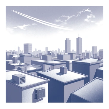 A view of several rooftops in an urban area, showcasing a mix of buildings ranging from low-rise structures to taller skyscrapers. The rooftops are adorned with various features such as air conditioning units, antennas, and flower pots. In the sky above, a jet trail creates intricate patterns, weaving through the clouds and leaving a white line that contrasts against the blue expanse. The scene captures the bustling essence of city life from a unique aerial perspective.