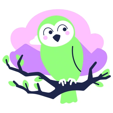 An owl is perched on a tree branch, its silhouette clearly defined. The owl has a rounded body and large eyes, looking outward. The branch is rugged, showing the texture of the bark, with several smaller twigs surrounding it. The background features a dusk sky transitioning from light to dark, with distinct layers that suggest depth. The colors in the sky create an engaging atmosphere, enhancing the overall composition.