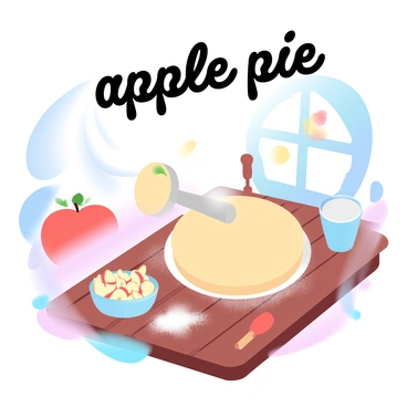 A cozy kitchen filled with warm light is showcased. In the center, a wooden table is covered with flour, and a freshly rolled pie crust sits ready. A bowl filled with sliced apples, mixed with sugar and cinnamon, is placed beside the crust. An apple is rolling off the edge of the table, demonstrating the concept of gravity. Utensils such as a rolling pin and measuring cups are scattered around. Sunlight streams through a window, illuminating the scene and creating soft shadows. Above the table, "apple pie" is written in elegant letters, adding a thematic touch to the composition.