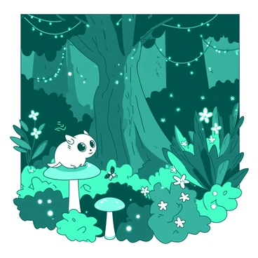 A teal enchanted forest filled with lush greenery and a variety of glowing plants. There are bioluminescent flowers in shades of white scattered throughout the dense underbrush. In the foreground, a small white creature with oversized eyes is perched on a glowing mushroom, curiously observing its surroundings. Fireflies in teal are flitting about, adding to the magical ambiance. In the background, towering trees with twisting branches create a canopy above, their trunks adorned with shimmering vines that emit a soft light.