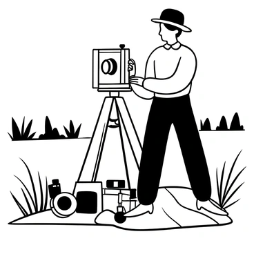 A photographer dressed in 1920s attire is standing in a field with a vintage camera on a tripod. The photographer is adjusting the camera's settings, with a large wooden body and bellows structure. There is an assortment of photographic equipment scattered on a blanket nearby, including film rolls and a folding light reflector. In the background, there are tall grasses swaying gently in the breeze, and a distant line of trees silhouetted against the sky. The overall image is framed to emphasize the photographer's focused stance and the intricate details of the vintage camera.