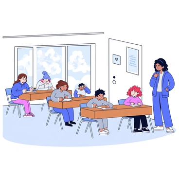 A quiet high school detention room with plain white walls and a single large window allowing soft daylight to filter in. There are four wooden desks arranged in a neat row, each occupied by a student. One student is a girl with long brown hair wearing a blue hoodie, focused on writing in a notebook. Next to her, a boy with short black hair in a gray t-shirt is idly tapping his pencil on the desk. Another student, a girl with glasses and curly red hair, is sitting quietly, looking at a book. At the far end of the room, a teacher stands by the door, observing the students with a neutral expression. The floor is covered in a light gray carpet, and there are a few motivational posters hanging on the walls.