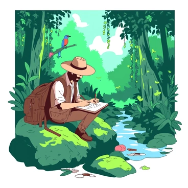 An explorer with a wide-brimmed hat is sitting on a large, moss-covered rock in the middle of a dense jungle. The explorer is focused on drawing in a brown leather journal that rests on their lap. Surrounding the explorer are tall, vibrant green trees with thick vines hanging down. Various tropical plants, some with large leaves, are scattered around the area. In the background, there are colorful birds perched on branches and a small stream flowing gently to the side. Sunlight filters through the canopy, creating dappled patterns on the forest floor. The explorer's backpack is leaning against the rock, and a few art supplies are spread out next to them.