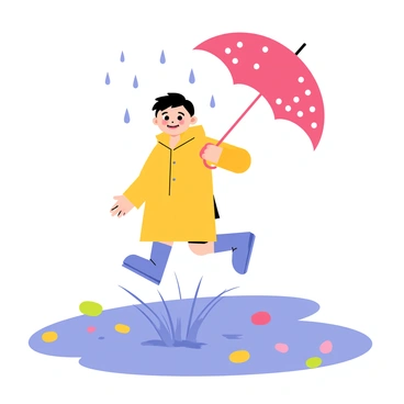 A cartoon boy wearing a yellow raincoat and blue rubber boots is jumping into a large puddle. The boy has short brown hair and a big smile on his face. He is holding a bright red umbrella that has polka dots. Raindrops are falling from the gray clouds above, creating splashes in the puddle as the boy jumps. Small colorful stones are scattered around the puddle, adding detail to the scene.