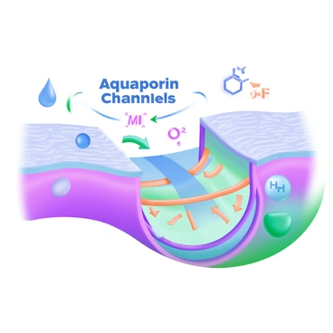 A modern pastel illustration depicting a plasma membrane with "Aquaporin Channels" labeled in the center. The membrane is shown as a wavy line separating two distinct areas, one with blue water droplets and the other with a textured surface. The aquaporin channels are represented as small, tubelike structures piercing through the membrane, with arrows indicating the flow of water moving from one side to the other. Surrounding the membrane are molecular symbols, such as hydrogen and oxygen, illustrating the composition of water.