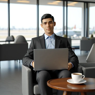 A business traveler with short, neatly combed hair, wearing a tailored dark gray suit and a light blue dress shirt sits comfortably in a modern airport lounge. He has a sleek, silver laptop open in front of him on a low wooden table. The laptop screen is illuminated, displaying a professional presentation. Next to the laptop, there is a white porcelain cup filled with steaming coffee, resting on a saucer. The lounge features contemporary furniture, with plush seating and soft lighting, creating a relaxed yet professional atmosphere. In the background, large windows showcase the bustling activity of the airport tarmac.