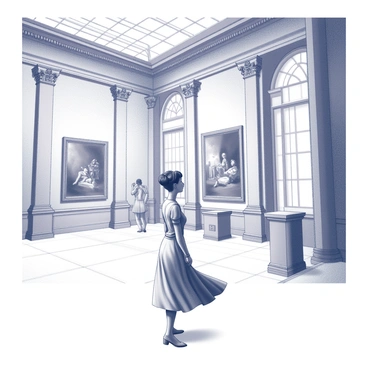 A visitor wearing an A-line dress stands in a grand museum hall. The dress flows elegantly around the visitor, accentuating their figure. The hall features tall, ornate columns and expansive walls adorned with large, framed paintings. Each painting depicts various themes and styles, capturing the attention of the visitor. The ceiling is high and intricately designed, adding to the grandeur of the space. The visitor gazes thoughtfully at a particular painting, their expression one of admiration. Light streams in through large windows, illuminating the details of the artwork and the elegance of the dress.