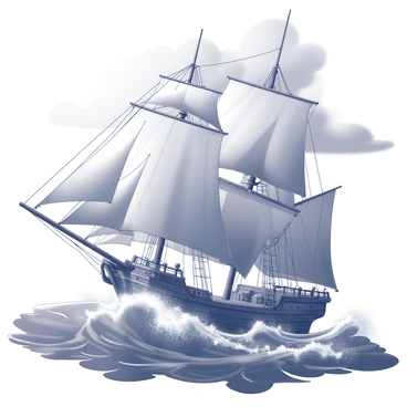 A medieval ship is positioned prominently on tumultuous waves. The ship features large, billowing sails that are taut against the wind. The sails are adorned with intricate designs, adding to the ship's majestic appearance. Dark, swirling clouds loom overhead, creating a dramatic atmosphere. The sea is animated with high, frothy waves crashing against the hull of the vessel. The ship's wooden structure is visible, showcasing its craftsmanship, while water splashes dramatically around it, emphasizing the power of the storm. The overall scene conveys a sense of adventure and the challenges faced by seafarers in turbulent conditions.