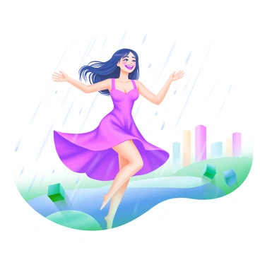 A joyful dancer twirling gracefully in the rain, her flowing dress splashing droplets around her. The dancer has her arms outstretched, showcasing a sense of freedom and joy. Raindrops glisten as they fall from the sky, creating a shimmering effect around her. In the background, puddles reflect the colorful surrounding scenery, enhancing the feeling of life and movement. Her expression is one of pure delight, capturing the essence of embracing each moment.