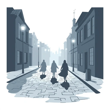 A cobblestone street is shrouded in thick fog, with the individual stones barely visible beneath a soft, muted light. The street is lined with old-fashioned street lamps emitting a pale glow that barely pierces the fog. Ethereal figures, semi-transparent and ghostly, are drifting along the sidewalks, some with flowing garments that seem to merge with the fog. These figures are varied in shape and size, creating a sense of movement and mystery as they glide silently past the historic buildings that frame the street. The atmosphere feels haunting, enhancing the sense of the unknown.