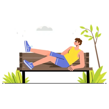 A person performing leg raises while sitting on a wet park bench. The bench is made of dark wood, glistening with droplets of water from recent rain. The individual is wearing blue athletic shorts and a bright yellow tank top. They have short brown hair and are focused on completing their workout. Surrounding the bench are lush green grass and a few scattered puddles reflecting the cloudy sky above. A couple of trees in the background have droplets of water clinging to their leaves.
