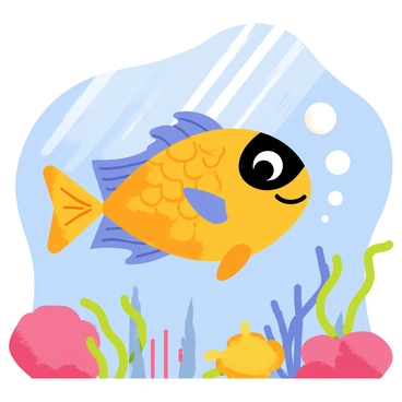 A cartoon fish with bright orange scales is wearing a blue superhero cape and a black mask. The fish has large, expressive eyes and a wide smile. It is depicted soaring through clear blue water, creating bubbles behind it as it swims. Colorful coral reefs and playful seaweed surround the fish, adding vibrancy to the underwater scene. The sunlight filters through the water, casting shimmering patterns on the ocean floor.
