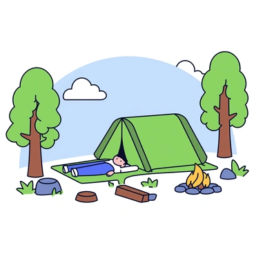 A camper resting prone by their tent, surrounded by a woodland campsite