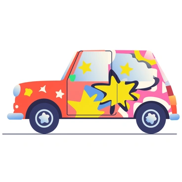 A vehicle is decorated with bold pop art designs, featuring iconic imagery such as comic book-style speech bubbles, vibrant stars, and playful patterns. The colors used are bright and eye-catching, including vivid reds, yellows, and blues. The vehicle's body showcases large, graphic elements that depict a mix of retro and contemporary pop culture icons. The wheels are adorned with contrasting designs, enhancing the overall visual impact of the vehicle as it stands out against a neutral background.