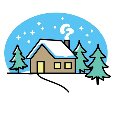 A snow-covered landscape featuring a small wooden cabin with smoke gently rising from its chimney. The cabin has a sloped roof, partially covered in snow, and warm light glowing from its windows. Surrounding the cabin, tall pine trees are dusted with white snowflakes. The night sky is clear, filled with twinkling stars that illuminate the scene. The ground is blanketed in fresh, untouched snow, creating a tranquil atmosphere.