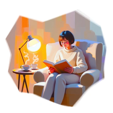 A person with a contented expression is sitting comfortably in a cozy armchair, reading a book. The soft glow of a night lamp illuminates their face, highlighting their relaxed features. They have short brown hair and are wearing a warm sweater. The book is open on their lap, and their hands gently hold the pages. In the background, there is a small table beside the chair, holding a steaming cup of tea and a pair of reading glasses. The atmosphere is warm and inviting.