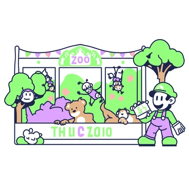 Luigi is standing in front of a large enclosure at the zoo. He has a bright smile on his face, showing his excitement as he watches a pair of lions lounging under the shade of a tree. Nearby, a group of monkeys is playfully swinging from branches and interacting with each other. Luigi is wearing a green cap and a blue shirt, holding a map of the zoo in his hand. In the background, colorful banners and a sign that reads "Zoo" can be seen, adding to the lively atmosphere.