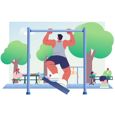 A young adult with a toned physique is performing a muscle-up on a set of parallel bars in an urban street workout park. The individual has short black hair and is wearing a fitted grey tank top and dark shorts. The background shows several trees providing greenery, and there are other workout stations visible, such as pull-up bars and a dip station. The pavement is rough, characteristic of an outdoor gym, and there's a clear blue sky overhead. A few people are observing the workout from nearby benches, adding to the energetic atmosphere of the park.