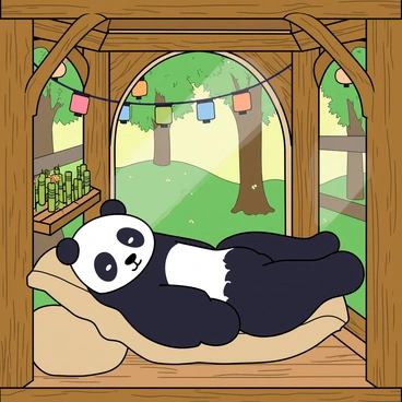 A panda bear with black and white fur is lounging comfortably in a whimsical treehouse made of wooden planks and branches. The treehouse features large, round windows that provide a view of a vibrant green forest filled with tall trees and colorful flowers. The panda is lying on a cushioned hammock inside the treehouse, with its eyes half-closed, displaying a relaxed expression. Sunlight filters through the leaves, creating a dappled light effect inside. There are playful decorations hanging from the walls, such as a string of colorful lanterns and a small shelf with bamboo snacks. A fluffy pillow is tucked beside the panda, enhancing the cozy atmosphere.