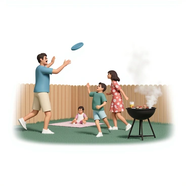 A family is playing frisbee in their backyard. The father, wearing a blue t-shirt and beige shorts, is throwing the frisbee in the air to his son, who is wearing a green t-shirt and denim shorts. The son is running with a big smile on his face, reaching out to catch the frisbee. The mother, wearing a red dress with floral patterns, is sitting on a picnic blanket, watching the game and holding a glass of lemonade. Nearby, a barbecue grill is set up with smoke rising from it, and there are burgers sizzling on the grill. Lush green grass and a wooden fence surround the backyard, creating a lively atmosphere.