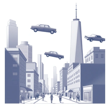 A cityscape filled with towering skyscrapers and densely packed buildings. The streets are bustling with pedestrians navigating between shops and cafes. Above, several cars are suspended in mid-air, defying gravity as they hover without any visible support. The vehicles vary in shape and design, creating a dynamic contrast against the straight lines of the buildings below. The scene captures the essence of urban life while showcasing the unusual phenomenon of floating cars amidst the everyday hustle.