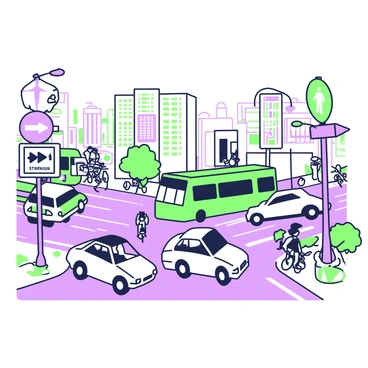 A busy intersection is filled with various types of vehicles such as cars, buses, and bicycles. Traffic is flowing in multiple directions, showcasing the hustle and bustle of urban life. Different street signs are positioned around the intersection, each displaying unique symbols. One sign features a green pedestrian figure, another displays a red octagonal stop sign. Nearby, a direction sign points toward different neighborhoods with arrows. The scene captures the energy of the intersection with vehicles and pedestrians interacting amidst a backdrop of buildings lining the streets.
