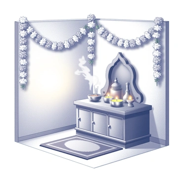 A small puja room with elaborate decorations. The walls are adorned with garlands of fresh flowers, draped elegantly around the corners. An ornate wooden altar sits at the center, featuring intricate carvings and holding various religious icons. Incense sticks are placed in a decorative holder, with wisps of smoke rising towards the ceiling. Colorful diyas are arranged on the altar, their flames flickering. A small rug is placed on the floor, adding warmth to the space. The overall atmosphere is one of reverence and celebration, emphasizing the spirit of Diwali.