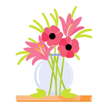 A round glass vase filled with vibrant pink lilies and bright red poppies sits on a wooden table. The lilies have long green leaves arching gracefully, while the poppies display delicate black centers. Soft light casts gentle shadows, highlighting the petals' textures and colors. A few green leaves are scattered around the base of the vase, adding to the natural arrangement. The background is a simple, neutral color that complements the flowers without distraction.