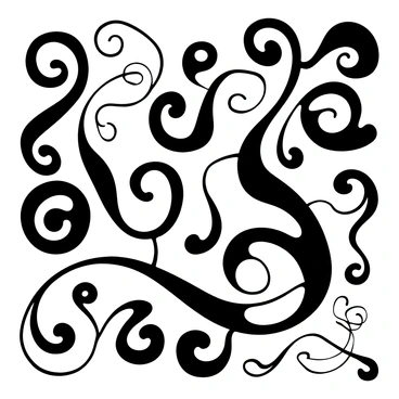 A black-and-white illustration of an abstract tapis design featuring swirling patterns and intricate shapes. The design incorporates various overlapping curves and lines that create a dynamic sense of movement throughout the composition. The swirling elements are arranged in a flowing manner, leading the viewer's eye across the illustration, with varying thicknesses of lines adding depth and texture to the overall design.