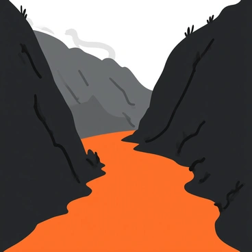 A river of bright orange molten lava flowing through a rugged rocky terrain. The lava glows intensely against the dark, jagged rocks that surround it. In the background, steep cliffs rise sharply, their surfaces textured with cracks and crevices. Sparse, charred vegetation clings to the edges, contrasting with the fiery glow of the lava. Smoke curls upwards from the hot surface, adding a dramatic effect to the scene. The sky above is overcast, casting a dim light over the landscape.