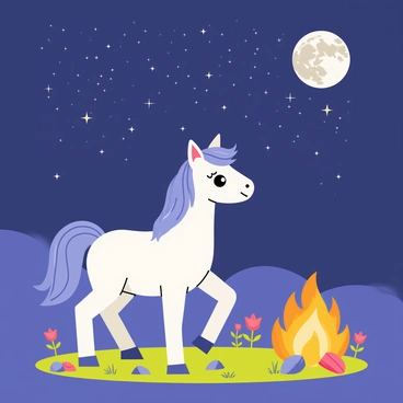A small pony with a shiny coat stands peacefully, gazing at the stars under a clear night sky filled with twinkling stars. The pony has a flowing mane and a gentle expression, illuminated by the warm glow of a nearby campfire. The campfire crackles softly, casting flickering shadows on the ground. The area around the pony is grassy, dotted with small rocks and a few scattered wildflowers, creating a cozy atmosphere. Above, the moon casts a silvery light over the scene, enhancing the enchantment of the night.