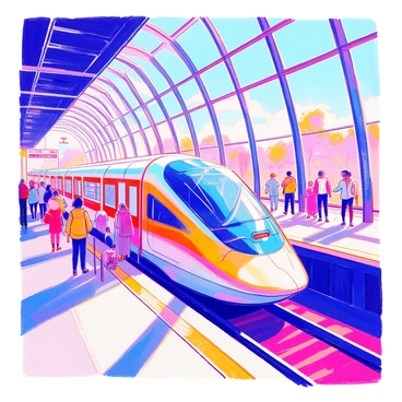 A sleek hyperloop train is stationed at a modern transit hub. The train features a streamlined design with a glossy exterior reflecting the afternoon sunlight. People of diverse backgrounds are boarding the train, including a young woman with a backpack, an elderly man using a cane, and a family with children. The station is filled with large glass panels, showcasing dynamic digital displays and stylish benches. People are interacting, some checking their tickets, while others are chatting or taking photos. The atmosphere is energetic, with a sense of anticipation for the journey ahead.