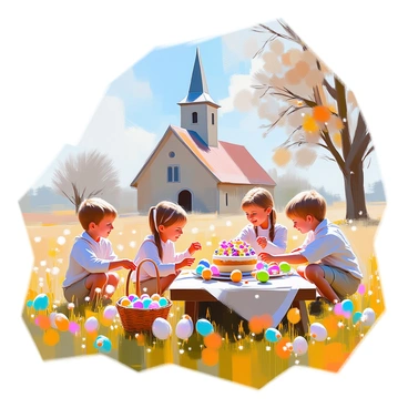 A rustic postcard featuring an illustration of an old-fashioned Easter celebration in a picturesque countryside setting. In the foreground, a group of children dressed in vintage clothing are joyfully hunting for colorful Easter eggs hidden among blooming wildflowers. Nearby, a wooden table is set with traditional Easter treats, including a beautifully decorated cake and baskets filled with chocolate eggs. In the background, an old stone church with a tall steeple stands against a bright blue sky, while trees gently sway in the breeze, adding to the charm of the scene. The overall atmosphere conveys a sense of nostalgia and warmth associated with cherished family traditions.