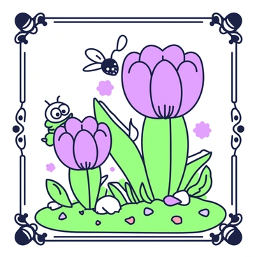 A whimsical garden is framed by an ornate border. In this garden, there are oversized flowers with large, vivid petals and intricate details on their surfaces. The flowers tower over the ground, showcasing a variety of shapes. Amongst the flowers, curious creatures can be seen. There is a small, round creature with big eyes peeking from behind a flower. Nearby, a whimsical insect with delicate wings hovers above the petals. The ground is lush and green, dotted with smaller plants and colorful stones, creating a vibrant atmosphere.