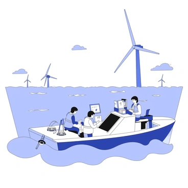 An ocean research team is aboard a boat, actively collecting data around tidal energy installations. The boat is equipped with various scientific instruments and data collection devices. Team members are wearing life vests and are focused on their tasks, with one person holding a tablet displaying graphs and statistics. In the background, there are tidal energy turbines positioned in the water, with clear structural details visible. The sky is overcast, and the water has gentle waves, creating a realistic representation of the ocean environment.