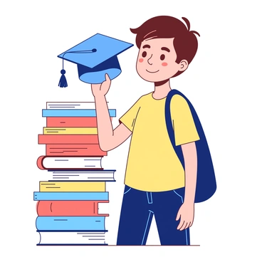 A young student with short brown hair is holding a blue graduation cap in their right hand. They are standing next to a tall stack of colorful books, which are piled neatly beside them. The student is wearing a light yellow shirt and dark jeans. Their expression conveys a mix of pride and curiosity as they gaze at the stack of books. The background is softly blurred to emphasize the student and the books.