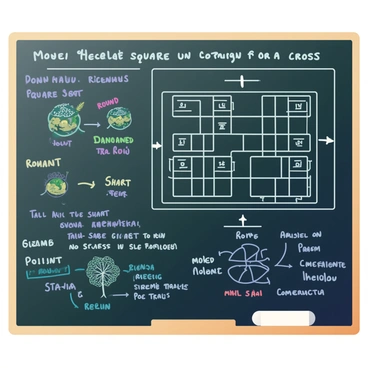 A large black chalkboard is filled with intricate diagrams related to Mendelian genetics. In the center, there is a detailed "Punnett square" illustrating the potential genetic combinations from a cross. To the left, there are sketches of "pea plants" depicting their distinct features, including round and wrinkled seeds, tall and short stems, with labels indicating dominant and recessive traits. Various chalk-written notes surround the diagrams, explaining the principles of inheritance, with arrows connecting related concepts. A piece of white chalk rests at the bottom right corner of the board.