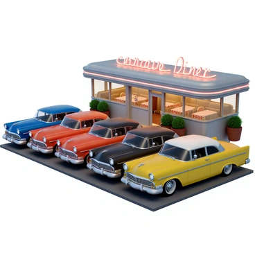 A nostalgic muster of vintage cars parked along a retro diner