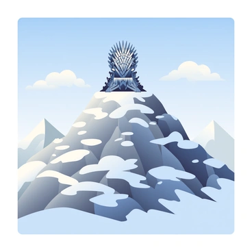 The Iron Throne is prominently set atop a snowy mountain peak, surrounded by a landscape of white snow and rocky terrain. The throne, made of sharp iron swords, gleams in the sunlight, casting distinct shadows on the ground. Below, the rugged mountains cascade downwards, partially obscured by patches of snow. Above, a clear blue sky stretches endlessly, with a few soft, wispy clouds drifting calmly. The scene is majestic, showcasing the contrast between the cold mountain and the bright sky.
