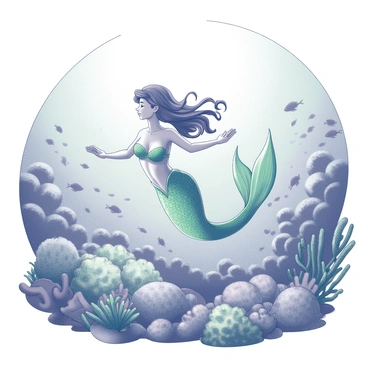 A mermaid with "emerald scales" is swimming gracefully through an underwater scene. Her long, flowing hair trails behind her as she moves. Surrounding her are vibrant "coral reefs" in various shapes and sizes, teeming with marine life. Schools of fish dart around her, adding dynamic movement to the environment. Sunlight filters down from the surface, casting an ethereal glow over the entire scene, illuminating the intricate details of the corals. The water appears clear and fluid, enhancing the serene atmosphere of this underwater world.