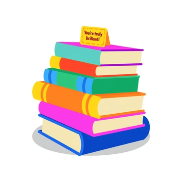 A tall stack of colorful books with various titles and designs on their spines. At the top of the stack, there is a small, rectangular compliment card with decorative edges. The card features the text "You're truly brilliant!" written in a playful, bold font. The books are set against a light-colored surface, enhancing their vibrant hues.