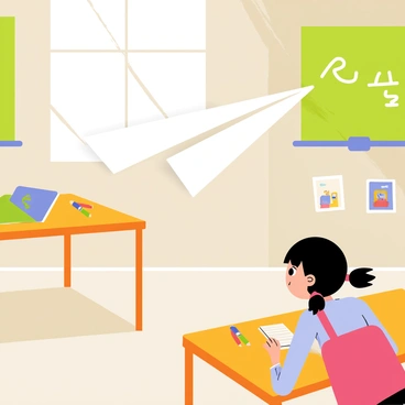 A paper airplane with a white body and crisp edges is gliding smoothly through the air in a classroom setting. The classroom features a wooden desk with scattered notebooks and colored pencils, and a chalkboard at the front displaying simple math equations. Sunlight streams through a window, casting a gentle glow on the floor. In the background, there are colorful posters on the walls, depicting various educational subjects. A student is seen leaning forward in their seat, watching the airplane in mid-flight with a look of curiosity.