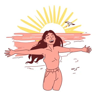 A person with long flowing hair stands on a sandy beach, facing the horizon. Their arms are outstretched wide, embracing the bright morning sun as it rises above the water. The sky is painted with soft hues of orange and yellow, reflecting the warmth of the sunrise. The person's face shows a joyful expression, with a big smile and closed eyes. Gentle waves lap at the shore, and the sand is glistening with early morning dew. A few seagulls can be seen flying in the distance, adding to the tranquil beach atmosphere.