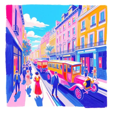 A historical photo features a bustling 1920s street scene, with vintage cars parked along the sides. In the foreground, there are men in suits and women in flapper dresses walking by. The architecture of the buildings displays ornate detailing and large windows. In the background, a streetcar is making its way down the avenue. The sky is bright blue, with a few fluffy white clouds. There are vibrant colors added to the scene, enhancing the clothing and the vehicles, creating a lively atmosphere.