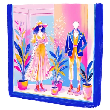 A boutique window display showcases two mannequins dressed in the latest fashion trends. One mannequin is wearing a flowing pastel dress with delicate floral patterns, accessorized with a wide-brimmed hat and oversized sunglasses. The other mannequin is showcasing a tailored blazer with structured shoulders, paired with high-waisted trousers and stylish ankle boots. The background features soft lighting that enhances the vibrant colors of the clothing. Decorative elements, such as potted plants and elegant hangers, are arranged around the mannequins to complete the appealing display.