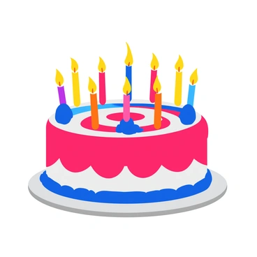 A vibrant birthday cake shaped like a bullseye with concentric circles of colorful icing. The top of the cake features red, white, and blue icing that forms the bullseye design. There are six brightly colored candles standing upright on the cake, each topped with yellow flames. The cake is displayed on a white plate with a glossy finish, and the background is a soft, blurred celebration scene filled with balloons and streamers.