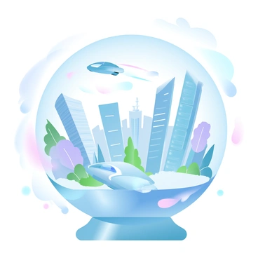 A crystal ball sits on a polished surface, reflecting a vibrant cityscape of the future. The city is filled with tall skyscrapers, featuring sleek and modern designs, with glass facades that shimmer in the light. Flying cars zip through the sky, leaving trails of light in their wake. Lush greenery can be seen integrated into the architecture, with rooftop gardens and vertical parks adorning several buildings. The scene is illuminated by glowing lights in various colors, creating a dynamic atmosphere. A faint mist surrounds the crystal ball, enhancing its mystique.